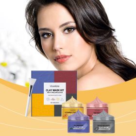 4 In 1 Clay Mask Set with Free Mask Brush, Vitamin C Turmeric / Red Bean / Blueberry / Dead Sea Mud Facial Mask Kit